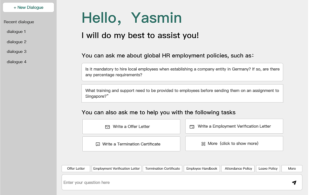 Showcase the features and advantages of the AI HR Assistant software, which can help HR with labor law inquiries, writing job descriptions, formulating salary policies, including drafting offers, employee handbooks, and designing HR systems.